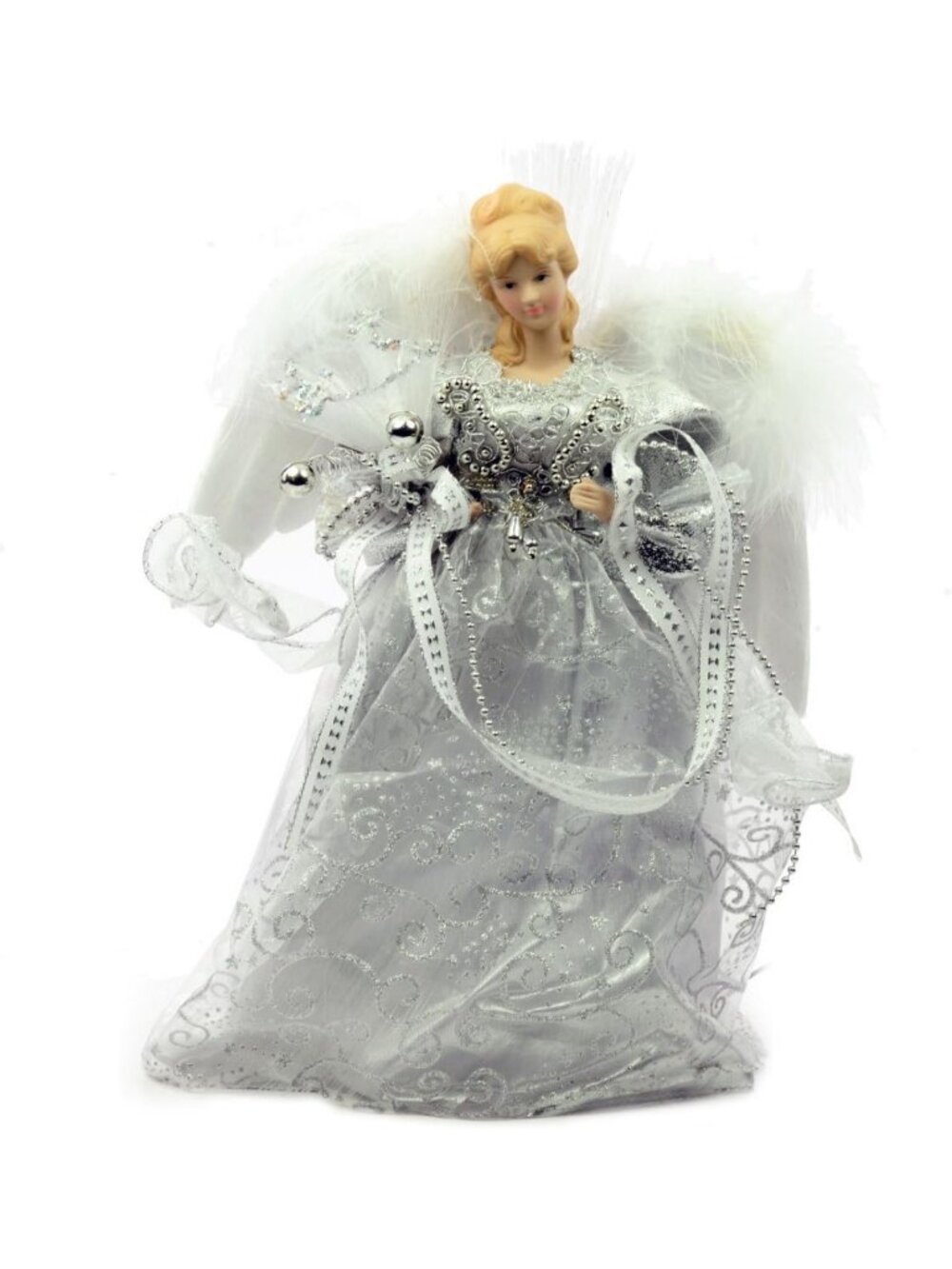12-Inch LED Silver Angel Tree Topper with Fiber Optic Lights for Holiday Decor